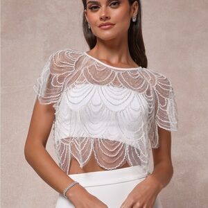 Lulu’s Everlasting Poise White Sheer Pearl beaded two-piece maxi dress